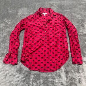 J.Crew Red Bow Print Cotton Silk Popover Blouse 00 Long Sleeve